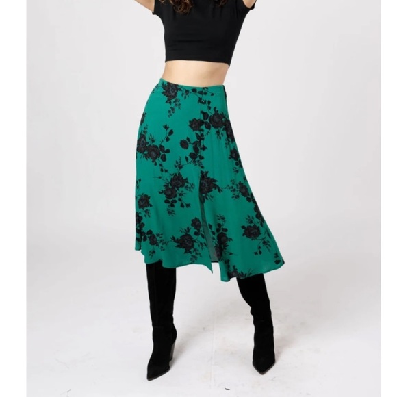 Band of the free nwt green black floral faux wrap midi skirt - Picture 1 of 11
